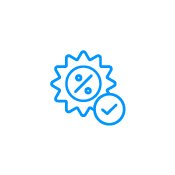Blue icon illustration of a percentage sign inside of a badge circle.