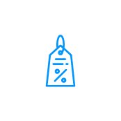 Blue icon illustration of a price tag with a percentage sign on it.