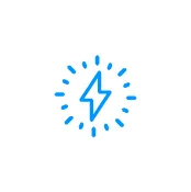Blue icon illustration of a lightening bolt surrounded by lines.