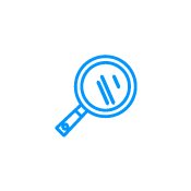 Blue icon illustration of a magnifying glass.