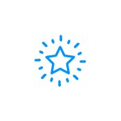 Blue icon illustration of a star with bursts surrounding it.