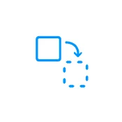 Blue icon illustration of a box rotating along an arrow with a dotted outline box.