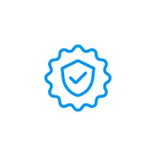 Blue icon illustration of a checkmark inside of a badge.