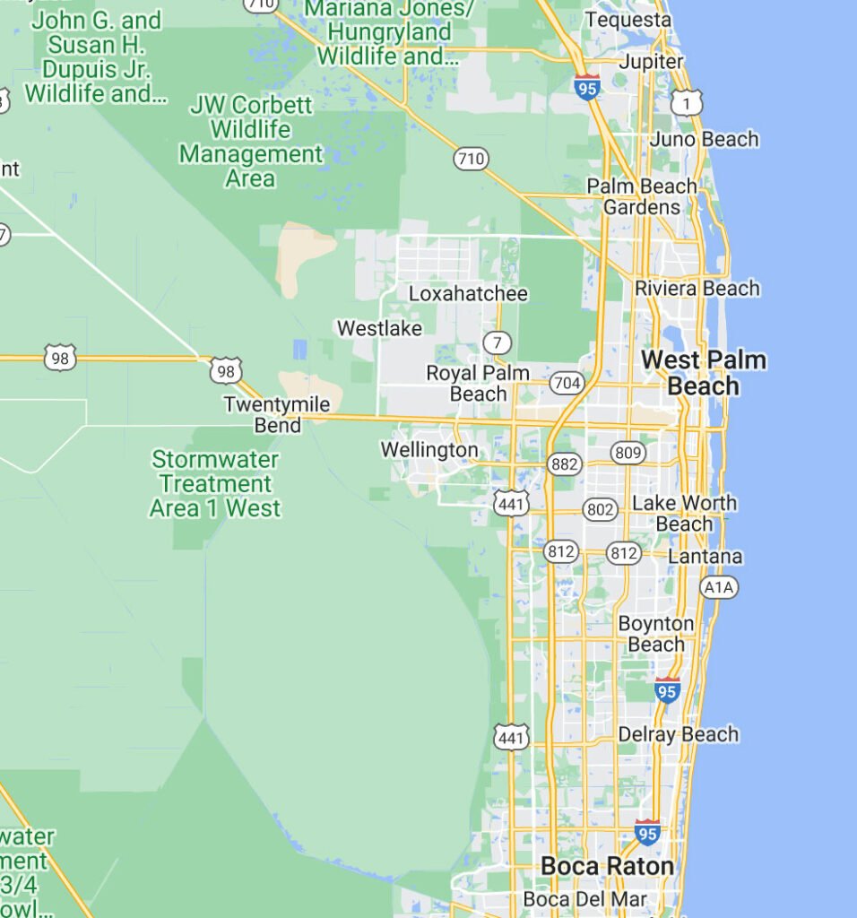 A map image illustration of West Palm Beach and Boca Raton.